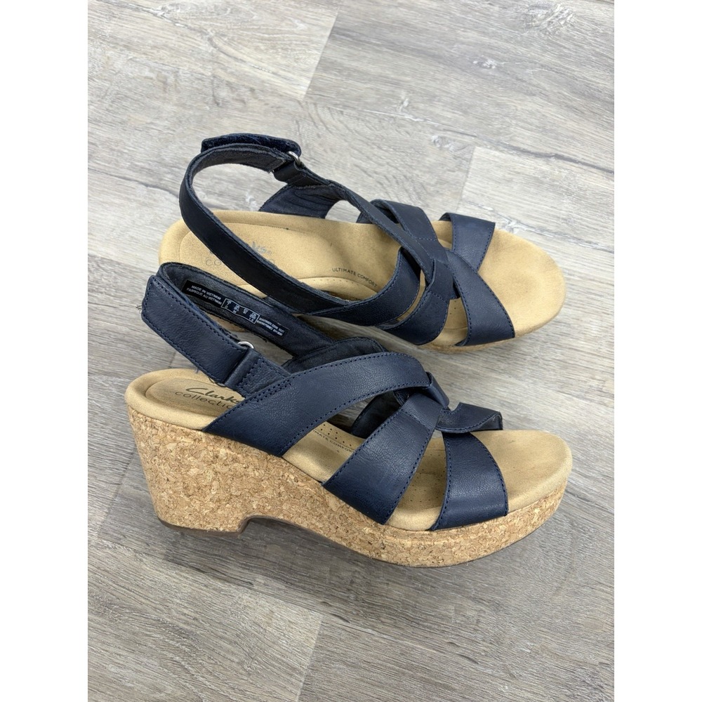 CLARKS COLLECTION Giselle Beach Navy Leather Cork Wedge Sandal Women's Size 9.5
